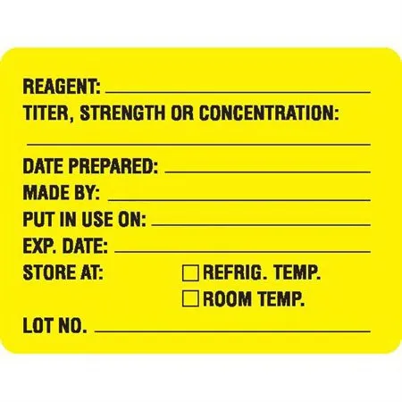 Market Lab - 8040 - Pre-printed Label Anesthesia Label Yellow Paper Reagent: _____ / Titer, Strength Or Concentration: __________ / Date Prepared: ________ / Made By: ___________ / Put In Use On: _________ / Exap.date: _________/ Store At: Refrig.temp., R