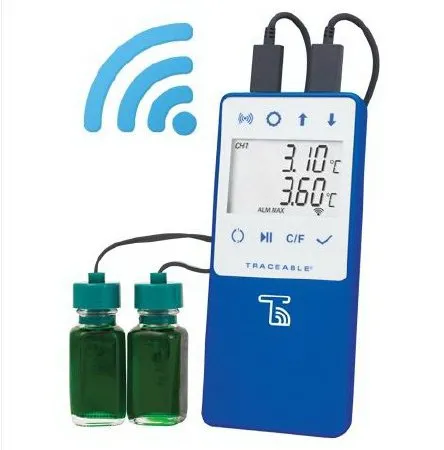 Cole-Parmer Inst. - TraceableLIVE - 99460-00 - Datalogging Refrigerator / Freezer Thermometer with Alarm TraceableLIVE Fahrenheit / Celsius -58° to +140°F (-50° to +60°C) 2 Glycol Bottle Probes Multiple Mounting Options Battery Operated