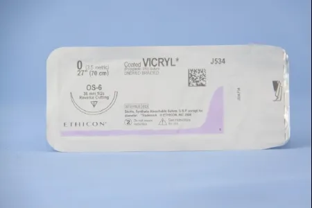 J & J Healthcare Systems - Coated Vicryl - J534H - Absorbable Suture With Needle Coated Vicryl Polyglactin 910 Os-6 1/2 Circle Reverse Cutting Needle Size 0 Braided