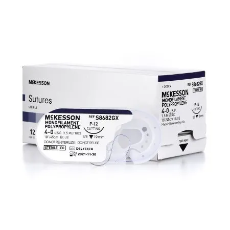 McKesson - S8682GX - Nonabsorbable Suture with Needle McKesson Polypropylene P-12 3/8 Circle Precision Reverse Cutting Needle Size 4 - 0 Monofilament