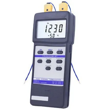 Cole-Parmer Inst. - Traceable Dual Channel - 91210-01 - Digital Thermometer Traceable Dual Channel Fahrenheit / Celsius -50° To 1999°f (-50° To 1230°c) Type K Beaded Probe Handheld Battery Operated