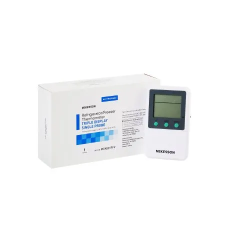 McKesson - MCK821RFV - Digital Refrigerator / Freezer Thermometer with Alarm McKesson Fahrenheit / Celsius -58° to +158°F (-50° to +70°C) Glycol Bottle Probe Multiple Mounting Options Battery Operated
