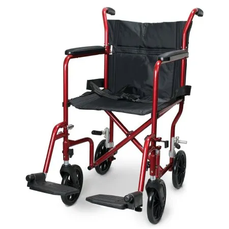 McKesson - 146-RTLFW19RW-RD - Lightweight Transport Chair McKesson Aluminum Frame with Red Finish 300 lbs. Weight Capacity Flared Arm Black Upholstery