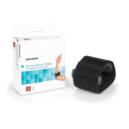 McKesson - 155-BH-194 - Elbow Support Strap McKesson One Size Fits Most Hook and Loop with D Ring Tennis / Golf Left or Right Elbow Up to 18 Inch Circumference Black