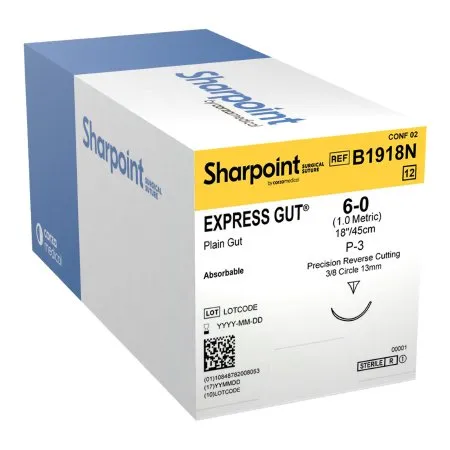 Surgical Specialties - B1918N - Suture, 6-0, EXPRESS Gut, Plain, Natural, 18", Precision Reverse Cutting, 13mm, 3/8 Circle, P-3 Needle, 12/bx