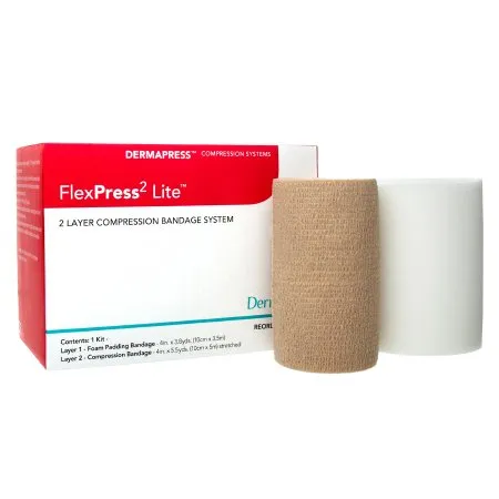 DermaRite  - From: 79200 To: 79202 - Industries FlexPress2 Lite 2 Layer Compression Bandage System FlexPress2 Lite 4 Inch X 3 4/5 Yard / 4 Inch X 5 1/2 Yard Self Adherent Closure Tan / White NonSterile Standard Compression