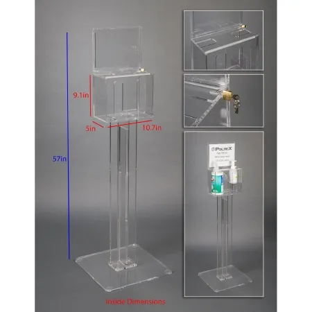Poltex - DECORHSKIOSK2-S - Lockable Sanitizing Station With Sign Sleeve Poltex Deco Clear Acrylic Manual 2 Compartment Floor Stand