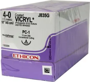 J & J Healthcare Systems - Coated Vicryl - J835G - Absorbable Suture With Needle Coated Vicryl Polyglactin 910 Pc-1 3/8 Circle Precision Conventional Cutting Needle Size 4 - 0 Braided