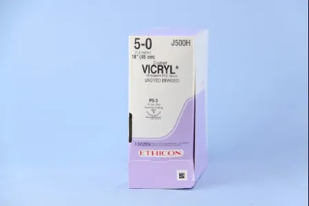 J & J Healthcare Systems - Coated Vicryl - J500H - Absorbable Suture With Needle Coated Vicryl Polyglactin 910 Ps-3 3/8 Circle Reverse Cutting Needle Size 5 - 0 Braided