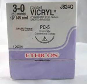 J & J Healthcare Systems - Coated Vicryl - J824G - Absorbable Suture With Needle Coated Vicryl Polyglactin 910 Pc-5 3/8 Circle Precision Conventional Cutting Needle Size 3 - 0 Braided
