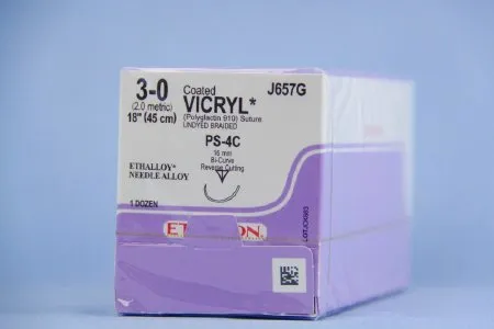 J & J Healthcare Systems - Coated Vicryl - J657G - Absorbable Suture With Needle Coated Vicryl Polyglactin 910 Ps-4c 1/2 Circle - Compound Curve Reverse Cutting Needle Size 3 - 0 Braided