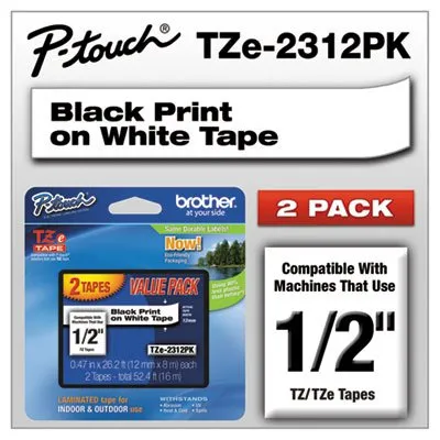 Brother P-Touch - BRT-TZE2312PK - Tze Standard Adhesive Laminated Labeling Tapes, 0.47 X 26.2 Ft, Black On White, 2/pack