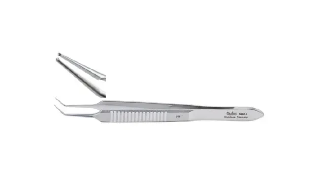 Integra Lifesciences - Miltex - 18-838 - Micro Corneal Suture Forceps Miltex Mcpherson 3-1/2 Inch Length Or Grade German Stainless Steel Nonsterile Nonlocking Thumb Handle Angled 0.2 Mm Tips With 1 X 2 Teeth And Tying Platform