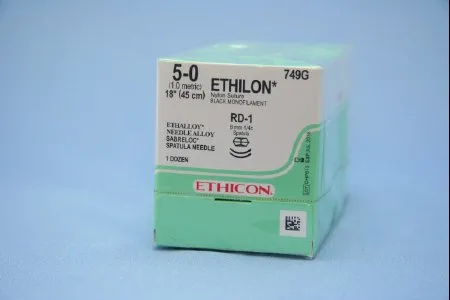 J & J Healthcare Systems - Ethilon - 749g - Nonabsorbable Suture With Needle Ethilon Nylon Rd-1 1/4 Circle Center Point Spatula Needle Size 5 - 0 Monofilament