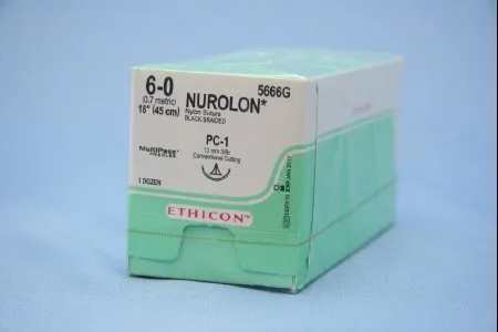 J & J Healthcare Systems - Nurolon - 5666g - Nonabsorbable Suture With Needle Nurolon Nylon Pc-1 3/8 Circle Precision Conventional Cutting Needle Size 6 - 0 Braided