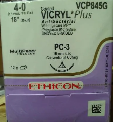 Ethicon Suture - VCP845G - ETHICON VICRYL PLUS COATED ANTIBACTERIAL SUTURE  SIZE 40 18" UNDYED BRAIDED 1DZ/BX
