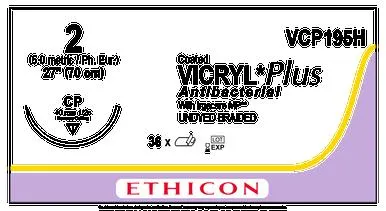 Ethicon Suture - VCP196H - ETHICON SUTURE VICRYL PLUS COATED ANTIBACTERIAL SUTURE REVERSE CUTTING  1 27" UNDYED BRAIDED 3DZ/BX