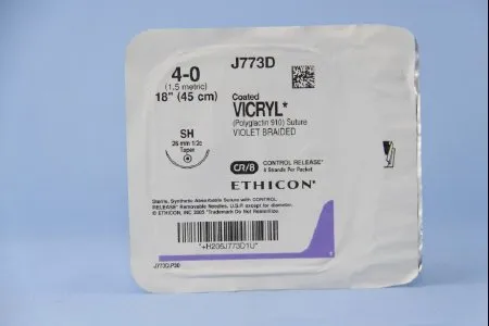 J & J Healthcare Systems - Coated Vicryl - J773D - Absorbable Suture With Needle Coated Vicryl Polyglactin 910 Sh 1/2 Circle Taper Point Needle Size 4 - 0 Braided