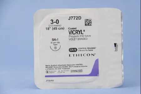 J & J Healthcare Systems - Coated Vicryl - J772D - Absorbable Suture With Needle Coated Vicryl Polyglactin 910 Sh-1 1/2 Circle Taper Point Needle Size 3 - 0 Braided