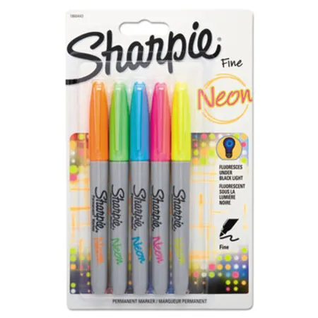 Sharpie - SAN-1860443 - Neon Permanent Markers, Fine Bullet Tip, Assorted Colors, 5/pack