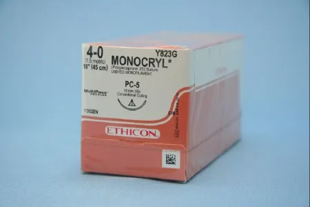 J&J - Monocryl - Y823G - Absorbable Suture with Needle Monocryl Poliglecaprone PC-5 3/8 Circle Precision Conventional Cutting Needle Size 4 - 0 Monofilament