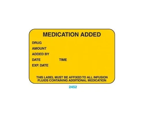Health Care - Indeed - 2452 - Pre-Printed Label Indeed Anesthesia Label Yellow Paper Medication Added Drug_Amount_Added by_Date_ Black Medication Instruction 1-3/4 X 2-3/4 Inch
