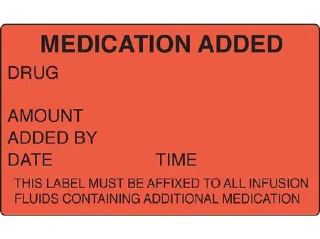 Shamrock Scientific - Shamrock - SN-2001 - Pre-Printed Label Shamrock Anesthesia Label Fluorescent Red MEDICATION ADDED / DRUG / AMOUNT / ADDED BY / DATE TIME / THIS LABEL MUST BE AFFIXED TO ALL INFUSION / FLUIDS CONTAINING ADDITIONAL MEDICATION Black Med
