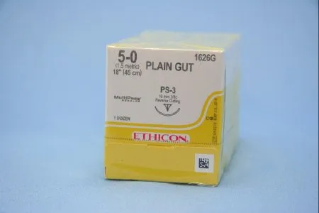 J&J - 1626G - Absorbable Suture with Needle Plain Gut PS-3 3/8 Circle Reverse Cutting Needle Size 5 - 0