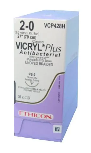 Ethicon Suture - VCP428H - ETHICON VICRYL PLUS COATED ANTIBACTERIAL SUTURE PRECISION POINT REVERSE CUTTING SIZE 20 18" 3DZ/BX