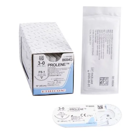 J & J Healthcare Systems - Prolene - 8684g - Nonabsorbable Suture With Needle Prolene Polypropylene Fs-1 3/8 Circle Reverse Cutting Needle Size 3 - 0 Monofilament
