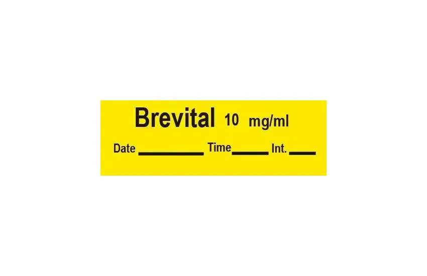 Precision Dynamics - Timemed - AN-41 - Drug Label Timemed Anesthesia Label Tape Brevfital 10mg/ml Date_time_int_ Yellow 1/2 X 1-1/2 Inch