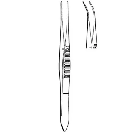 Sklar - Merit - 98-129 - Dressing Forceps Merit Iris 4 Inch Length Mid Grade Stainless Steel Nonsterile Nonlocking Thumb Handle Half Curved Blunt Serrated Tips