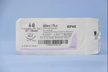 J&J - Coated Vicryl Plus - VCP422H - Absorbable Antibacterial Suture with Needle Coated Vicryl Plus Polyglactin 910 with Irgacare MP Antibacterial Suture FS-2 3/8 Circle Reverse Cutting Needle Size 4 - 0 Braided