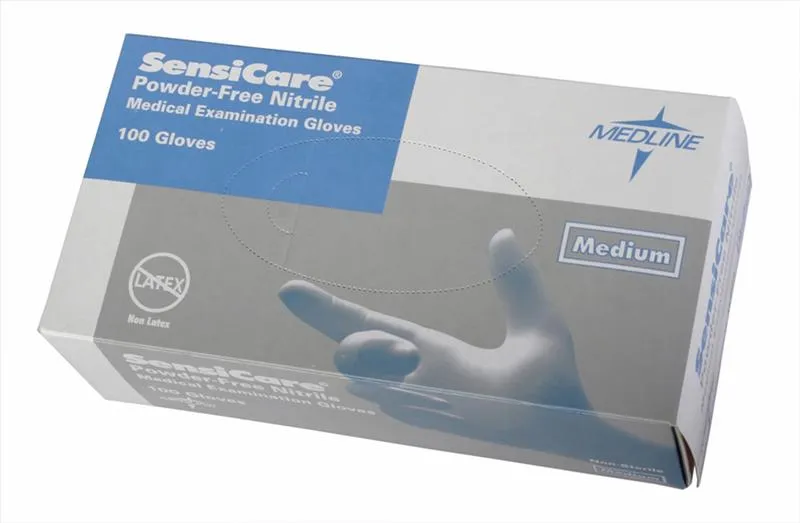 Medline - SensiCare - 484805 - Industries   Nitrile Exam Glove, 2X Large, 9 1/2", Blue, Beaded Cuff, Latex free.