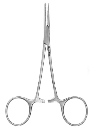 Integra Lifesciences - Meisterhand - Mh7-4 - Hemostatic Forceps Meisterhand Halsted-Mosquito 5 Inch Length Surgical Grade German Stainless Steel Nonsterile Ratchet Lock Finger Ring Handle Curved Serrated Tips