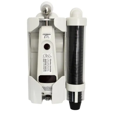Exergen - From: 124311 To: 134306 - Keyless Locking Wall Mount Holder plus integrated cap dispenser shown with caps For TAT 5000 Temporal Thermometer and Caps