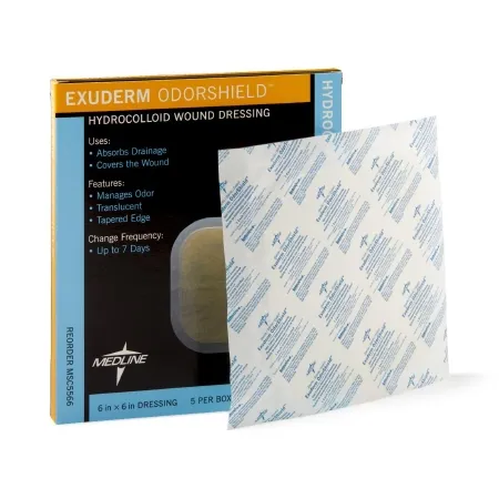 Medline - Exuderm OdorShield - From: MSC5522 To: MSC5566 - Industries   Hydrocolloid Dressing 6" L x 6" W Square Shape, Sterile, Hydro polymer, Low profile, Highly Absorbent, Tapered Edge, Smooth Satin Backing