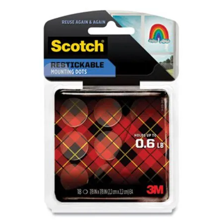 Scotch - MMM-R105 - Restickable Mounting Tabs, Repositionable, Holds Up To 0.6 Lb, 0.88 X 0.88, Clear, 18/pack