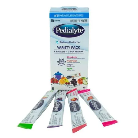 Abbott - 56090 - Nutrition Pedialyte powder packs, 4 flavor variety. Contains fruit punch, apple, strawberry and grape. Each stick is 0.3 oz and is mixed with 8 ounces of water. 23 calories per stick.