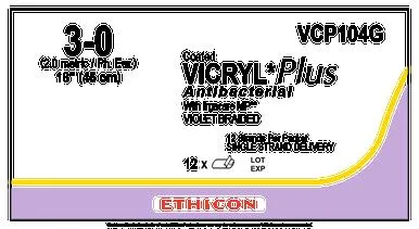 Ethicon Suture                  - Vcp104g - Ethicon Vicryl Plus Coated Antibacterial Suture Sutupak Precut Size 30 1218" Violet Braided 1dz/Bx