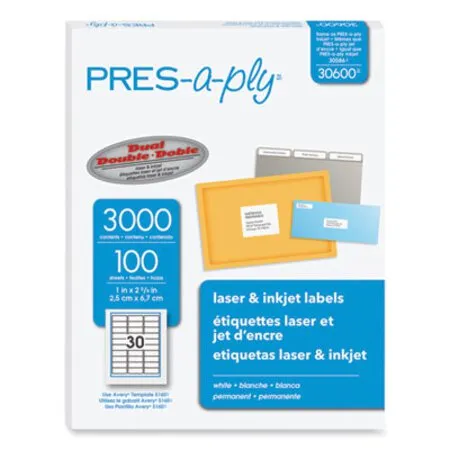 PRES-a-ply - AVE-30600 - Labels, Laser Printers, 1 X 2.63, White, 30/sheet, 100 Sheets/box