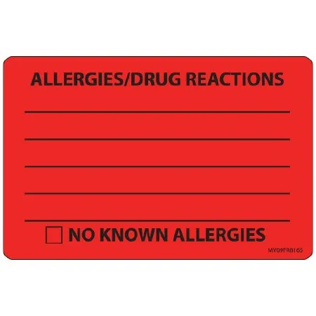 Precision Dynamics - MedVision - MV09FR8165 - Pre-printed Label Medvision Allergy Alert Red Paper Allergies/drug Reactions______/no Known Allergies Black Alert Label 2-5/8 X 4 Inch