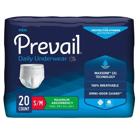 First Quality - PUM-512/1 - Prevail Men's Daily Underwear Male Adult Absorbent Underwear Prevail Men's Daily Underwear Pull On with Tear Away Seams Small / Medium Disposable Heavy Absorbency