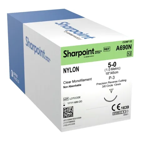 Surgical Specialties - A690n - Nonabsorbable Suture With Needle Surgical Specialties Nylon 3/8 Circle Precision Reverse Cutting Needle Size 5 - 0 Monofilament