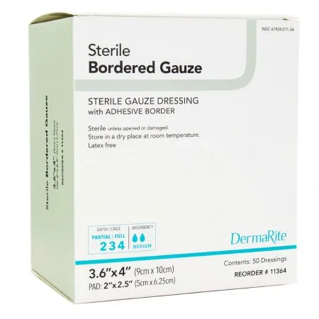 DermaRite  - 11364 - Industries  Bordered Gauze Adhesive Dressing  Bordered Gauze 3 3/5 X 4 Inch Square Sterile