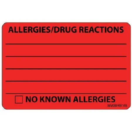 Precision Dynamics - MedVision - MV08FR8165 - Pre-printed Label Medvision Allergy Alert Red Paper Allergies/drug Reactions______/no Known Allergies Black Alert Label 2 X 2-15/16 Inch