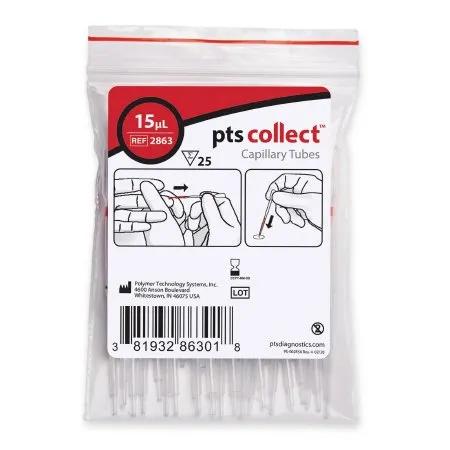 PTS Diagnostics - 2863 - Capillary Blood Collection Tube Micro-hematocrit Plain 15 µL Red Stripe Without Closure Glass Tube