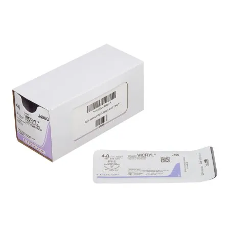 J&J - Coated Vicryl - J496G - Absorbable Suture with Needle Coated Vicryl Polyglactin 910 PS-2 3/8 Circle Precision Reverse Cutting Needle Size 4 - 0 Braided