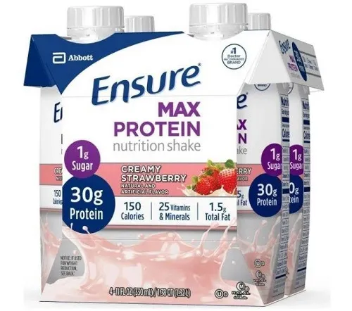 Abbott - 68169 - Nutrition Ensure Max Protein, Creamy Strawberry, Ready to Drink, 11 fluid ounce (330 mL) recloseable carton, 150 calories and 30 grams protein per carton.
