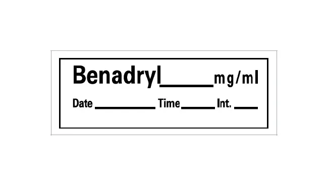 Precision Dynamics - Barkley - An-109 - Drug Label Barkley Anesthesia Label Benadryl_Mg/Ml Date_Time_Int_ White 1/2 X 1-1/2 Inch